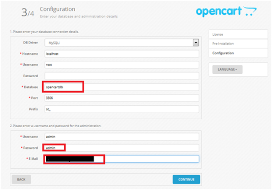 opencart installation step 3