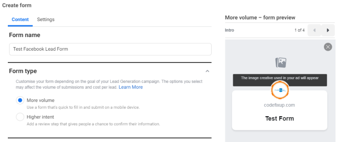 facebook form type