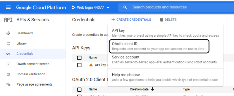 choose oauth client ID option