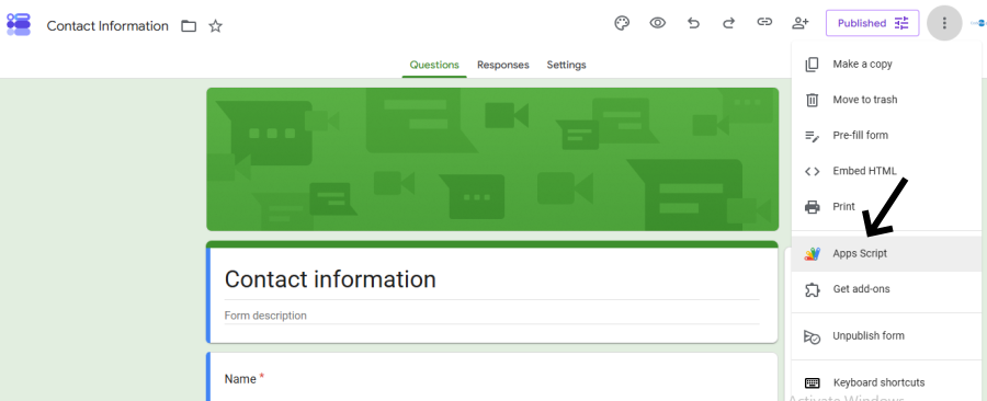 Google Apps Script for Google form onFormSubmit